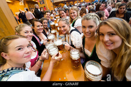 München, Deutschland. 17. September 2016. Junge Frauen sitzen mit vollen Becher Bier im Hacker-Festzelt auf dem Oktoberfest in München, 17. September 2016. Millionen von Besuchern aus aller Welt werden wieder auf dem 183. Oktoberfest, d.h. bis zum 3. Oktober 2016 erwartet. Foto: MATTHIAS BALK/Dpa/Alamy Live-Nachrichten Stockfoto