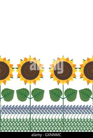Provence: Sonnenblumen und horizontale Musterdesign Lavendel Stock Vektor