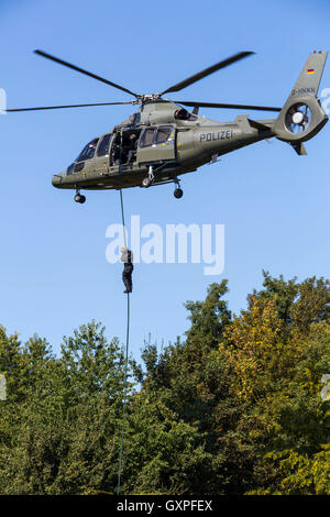 Ausübung eines SWAT-Teams, deutsche Polizei, anti-Terror-Polizei-Einheit, schnell von einem Hubschrauber Abseilen, Stockfoto