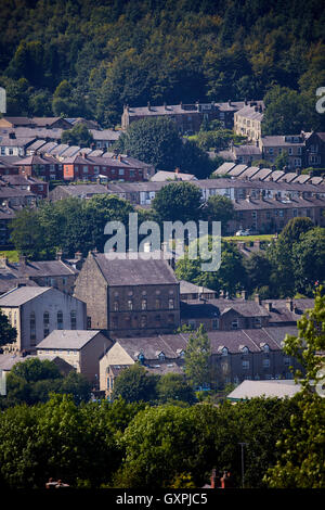 Ramsbottom Dorf Lancashire begraben Manchester Tal Dorf Dächer Stein Gebäude Schlauch Lager Mühle Altstadtblick oben lo Stockfoto