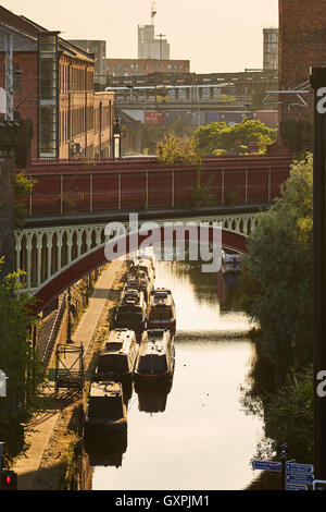 Castleield Kanal Eisenbahn Hochbahn-Viadukt Brücke Stadtzentrum Manchesters durch Architektur golden Sunshine sonnigen h Stockfoto