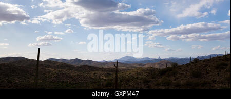 Eine große Wüstenlandschaft erstreckte sich vor Weaver ist die Nadel und Aberglaube Mountians. Tonto National Forest, Arizona Stockfoto