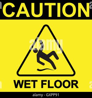 Vorsicht nasser Boden Zeichen, schwarz Wet Floor Symbol auf gelbem Hintergrund, Vector Illustration. Stock Vektor
