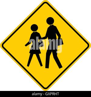 Schule - gelbes Quadrat Warnschild mit schwarzen Fußgängerzone Silhouetten, Vector Illustration. Stock Vektor