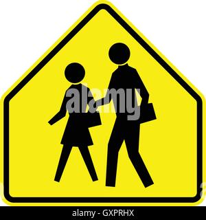 Schule - Gelbes Warnschild mit schwarzen Fußgängerzone Silhouetten, Vector Illustration. Stock Vektor