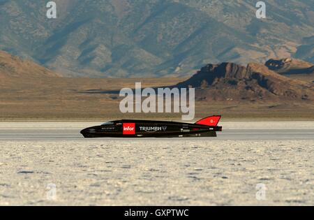 Guy Martin reitet den Triumph Infor Rakete Streamliner die Spur des Bonneville Speedway, wie er einen Testlauf vor eine Herausforderung für die Welt-Geschwindigkeitsrekord vollendet. Stockfoto