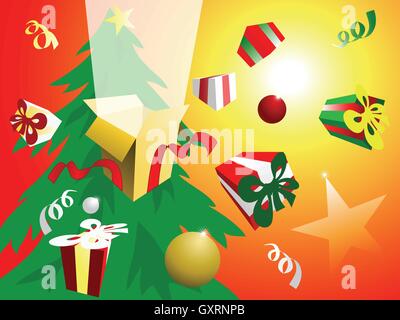Vektor-Illustration der Weihnachtsfeier. Santa springen out of the Box am Weihnachtsbaum und Geschenke zu verteilen Stock Vektor