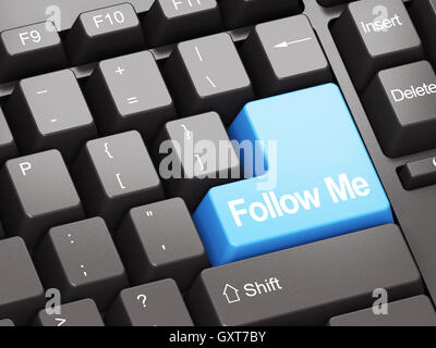 Schwarze Tastatur mit blauen Follow Me Taste Stockfoto