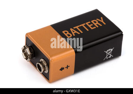 Eine quadratische Batterie, isoliert auf weißem Hintergrund Stockfoto