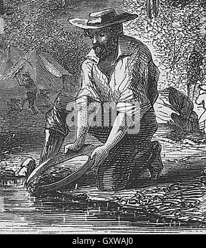 CALIFORNIA GOLD RUSH 1849 Gravur aus Harpers Weekly Artikel veröffentlicht in 1860 zeigt Bergmann Goldwaschen auf der Mokelumne Stockfoto