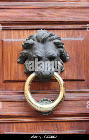 Eine schöne elegante lion Türklopfer auf hölzernen Tür Stockfoto