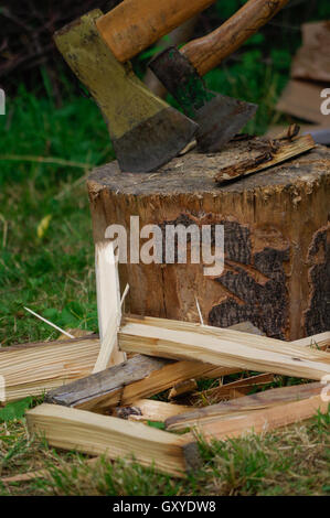 Axt im Deck auf einem Hintergrund von grünen Wiesen und Brennholz Stockfoto