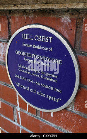 Hill, Crest, Wohnsitz von George Formby OBE, Stockton Heide, Warrington, Cheshire, England Stockfoto