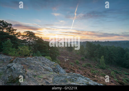 Am frühen Morgen Blick vom steinigen springen (des Teufels Sprünge) über Heide bei Frensham Blitze in Surrey, England Stockfoto