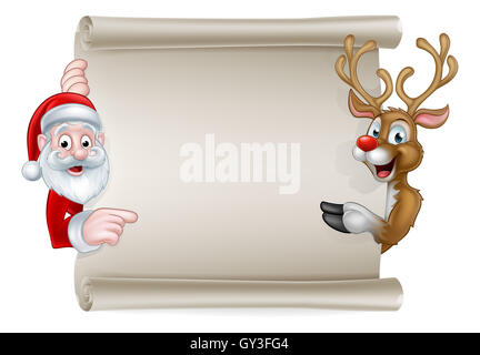 Cartoon Weihnachten Schild mit Santa Claus und seine Rentiere auf ein Scroll-Banner zeigen Stockfoto