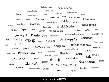 Vielen Dank-Satz in verschiedenen Sprachen der Welt auf weißem Hintergrund Stock Vektor