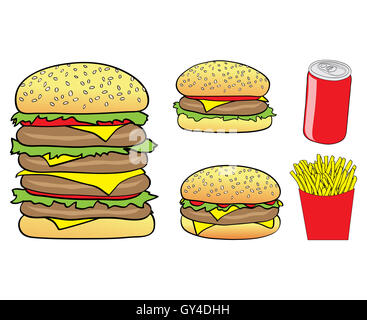 Vektor-Illustration von Cartoon Burger, Chips und eine Dose isoliert auf weißem Hintergrund Stockfoto