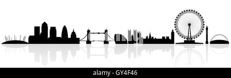 London Skyline Silhouette isoliert auf weißem Hintergrund mit Reflexionen Stockfoto