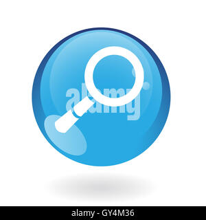 Glänzende Lupe in blaue Taste isoliert auf weißem Hintergrund Stockfoto