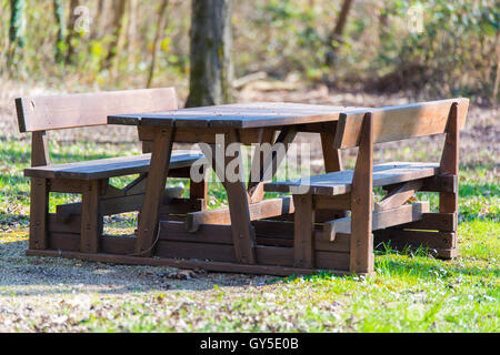 Tisch und Holzbänken im Park für ein Picknick Stockfoto