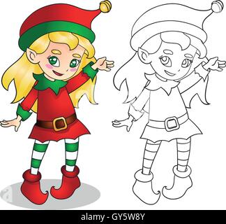 Weihnachten-Elf-Mädchen-Charakter-Vektor-Illustration, Umriss Stock Vektor