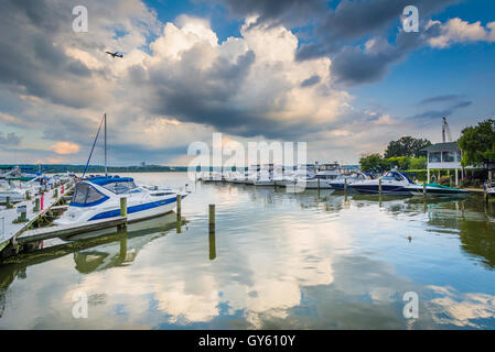 Boote und Docks am Potomac River-Ufer, in Alexandria, Virginia. Stockfoto