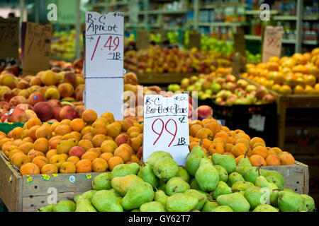 BC-Frischobst zum Verkauf auf lokaler Gemüsemarkt an der Hastings Street in Burnaby.  Stapel von Bartlett Birnen und Aprikosen. Stockfoto