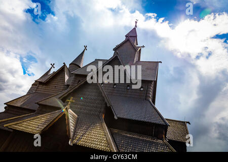 Nahaufnahme von Eidsborg hölzerne Stabkirche Kirche in Telemark, Norwegen Stockfoto