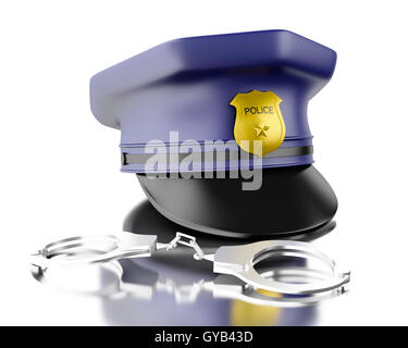 3D Illustration. Blaue Offizier Cop Cap mit Handschellen. Isolierten weißen Hintergrund. Stockfoto