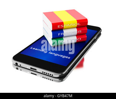 3D Illustration. Smartphone mit Lehrbüchern. Erlernen von Sprachen. Isolierten weißen Hintergrund. Stockfoto
