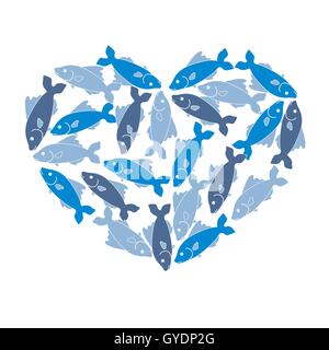Niedliche Bild von farbigen Fischen befindet sich entlang der Kontur des Herzens auf weißem Hintergrund Stock Vektor