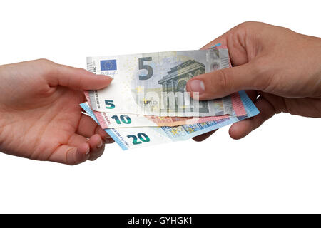 Zahlen - Aushaendigen Euro-Banknoten zu einer anderen Hand Stockfoto