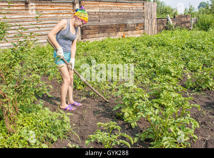 junge Frau Jäten Hacke Kartoffeln an sonnigen Sommertag Stockfoto