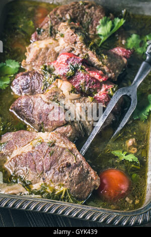 Geschnittenes geschmortes Schweinefleisch closeup Stockfoto