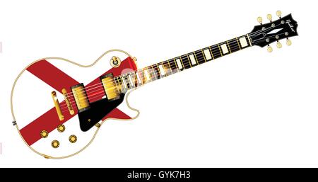 Die endgültige Rock'n'Roll-Gitarre mit der Alabama State Flag versiegeln Flagge isoliert auf einem weißen Hintergrund. Stock Vektor