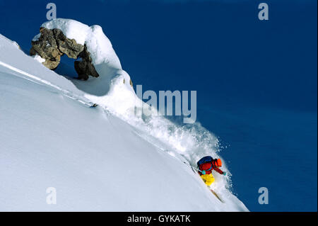 Off Piste in den Französischen Alpen, Frankreich, Savoie, La Plagne Stockfoto