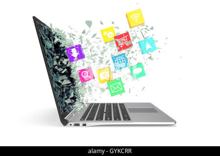 Laptop mit Farbe Programmsymbole. 3D illustration Stockfoto