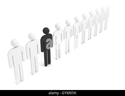 Reihe von weißen abstrakten Menschen mit einem schwarzen individuelle Figur, 3d illustration Stockfoto