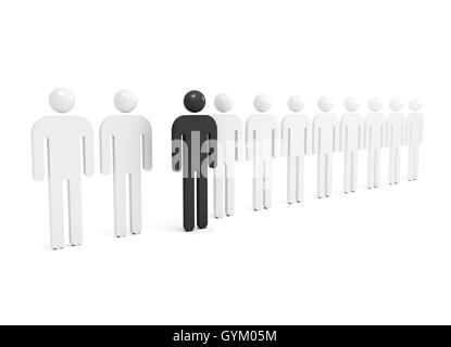 Reihe von abstrakten weiße Leute mit einem schwarzen herausragende Figur, 3d illustration Stockfoto