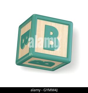 Buchstabe B hölzerne Alphabet Blöcke Schriftart gedreht. 3D-Render Abbildung isoliert auf weißem Hintergrund Stockfoto