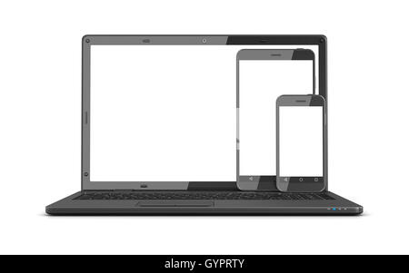 Laptop, TabletPC und Smartphone mit einem weißen Bildschirm, dies ist ein 3d Computer generierte Bild. Isoliert auf weiss. Stockfoto