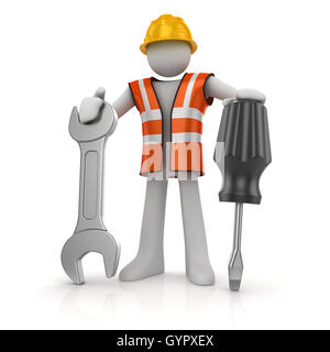 3D Mann mit einem Schraubenzieher und einem Schraubenschlüssel, dies ist ein 3d Computer generierte Bild. Isoliert auf weiss. Stockfoto
