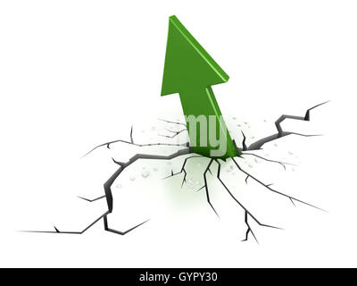 Grüner Pfeil brechen durch die Erde, dies ist ein 3d Computer generierte Bild. Isoliert auf weiss. Stockfoto