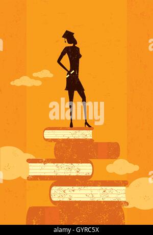 Ehrgeizige Absolventen eine ehrgeizigere Diplom Stand auf Bücher über eine abstrakte Himmelshintergrund. Stock Vektor