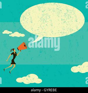 Kommunikation mit Ankündigung einer Nachricht in einer Sprechblase mit einem Megaphon Megafon A Geschäftsfrau. Stock Vektor
