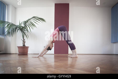 Junge Frau praktizieren Yoga im Yoga-Zentrum. Stockfoto