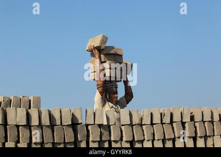 Weibliche Arbeiter arbeitet an der Ziegelei Amin Bazar. Dhaka, Bangladesch. Stockfoto