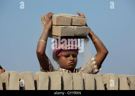 Weibliche Arbeiter arbeitet an der Ziegelei Amin Bazar. Dhaka, Bangladesch. Stockfoto