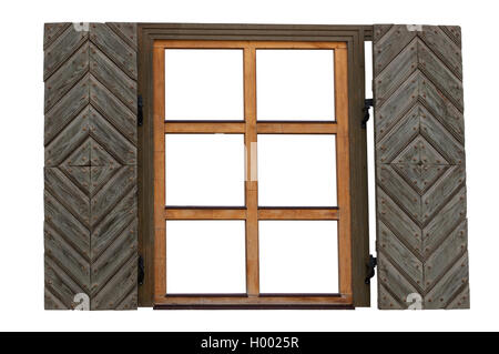 Holzfenster mit Fensterläden isoliert Außenseite Stockfoto