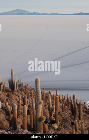 Sonnenaufgang über der Salar de Uyuni zur Isla Incahuasi, Südwesten Boliviens Stockfoto